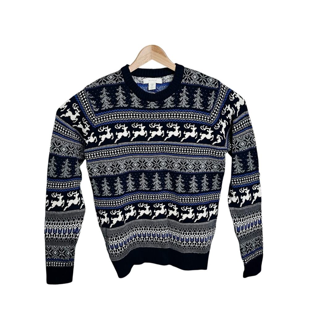 Aspen Men’s Fair Isle Christmas Sweater M Navy White Reindeer Cotton Pullover